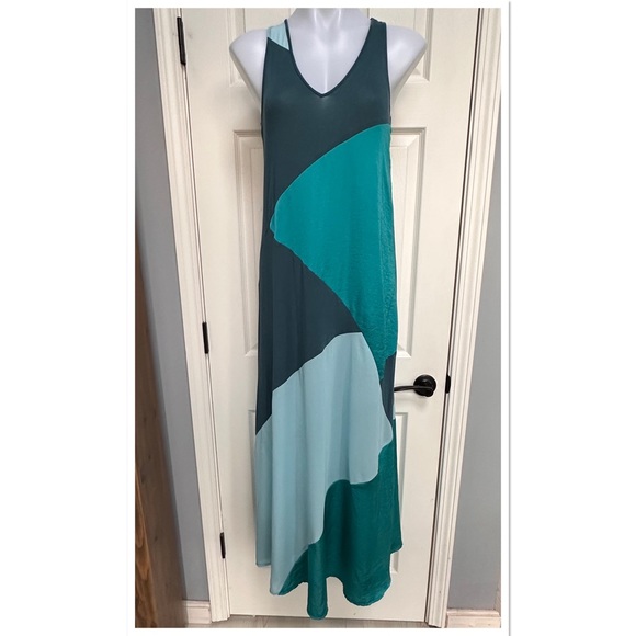 Kenneth Cole Aqua Turquoise Sleeveless Colorblock Flowy Boho Maxi Dress Beach M - Picture 1 of 6